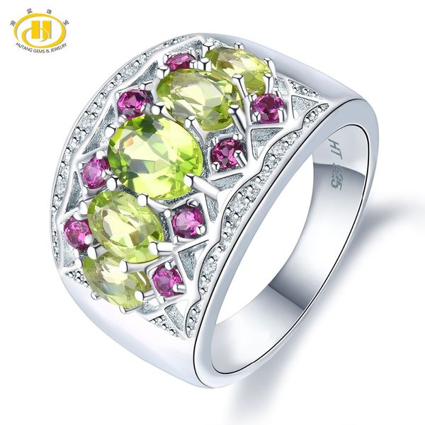 

hutang natural peridot women's ring garnet solid 925 sterling silver rings fine green gemstone bridal jewelry gift new arrival, Golden;silver