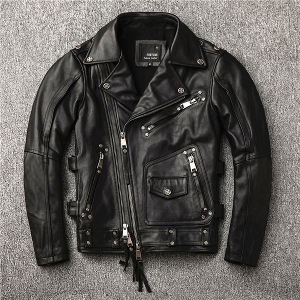 

2019 men's punk rivet motorcycle leather jacket diagonal zipper moto biker cow leather coat men slim fit rider jacket male, Black
