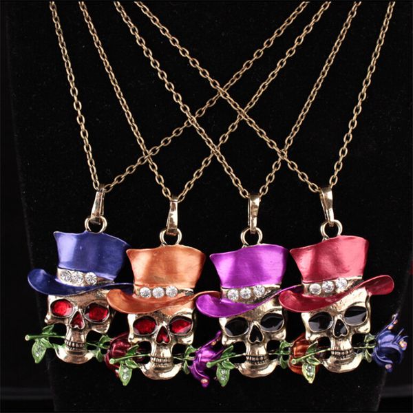 Collane alla moda Collana con ciondolo a forma di teschio di Halloween Collana con ciondolo a forma di fiore rosa mago per donna Ragazza Lady Rosso Blu Viola Colori