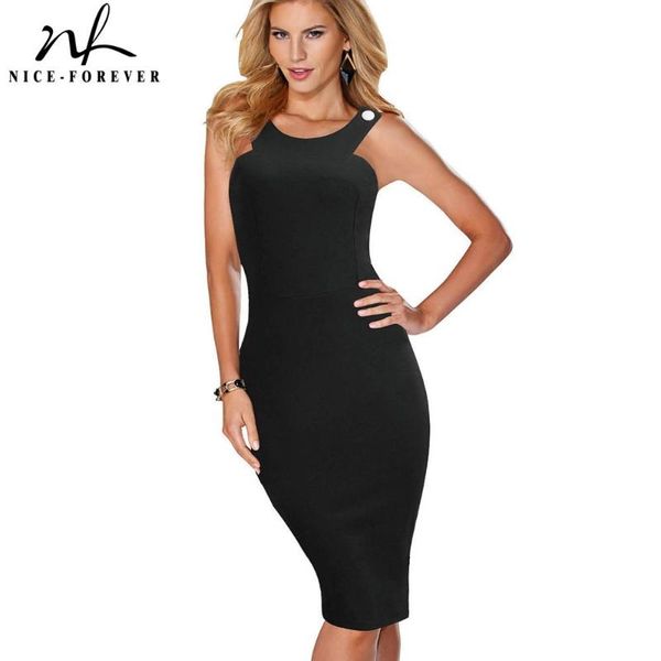 

nice-forever vintage blackless club vestidos round neck party bodycon female sheath women dress bty567, Black;gray