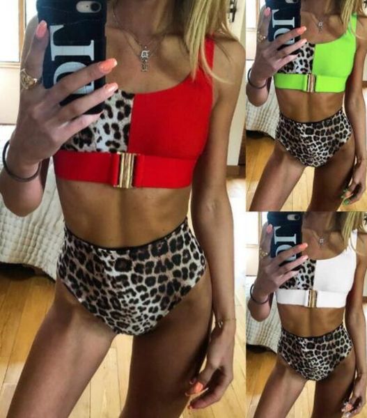 

wholesale womens split swimwear gold belt bikini set high waist leopard print panel flash fabric ladies flexible stylish