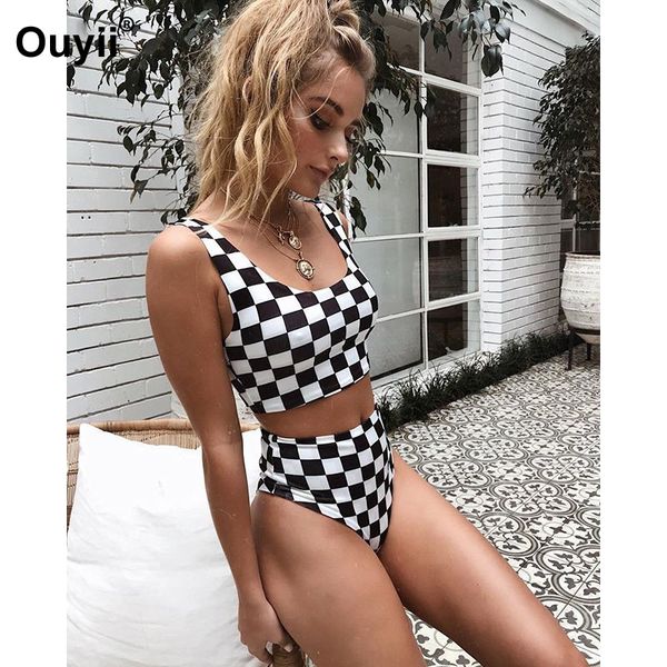 

2019 bikini houndstooth print swimsuit high waist bikini split swimsuit stretch women's swimwear, White;black