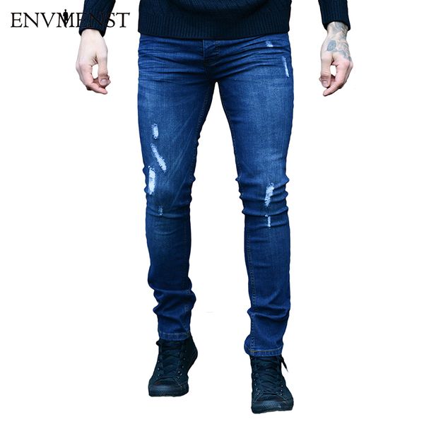 

2018 envmenst slim fit ripped jeans for men fashion men's distressed denim pants biker jeans skinny pencil trousers hole design, Blue