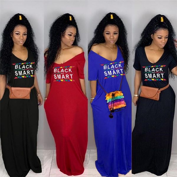 

black smart letter long dress off shoulder v neck maxi dress women summer clothes short sleeve pocket skirts female loose mixi dresses 2xl, White