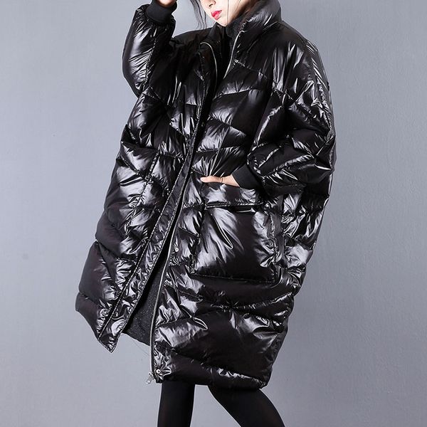 

fashion women's duck down jacket winter bright surface long parkas 2019 thick plus size loose batwing sleeve warm coat female, Black