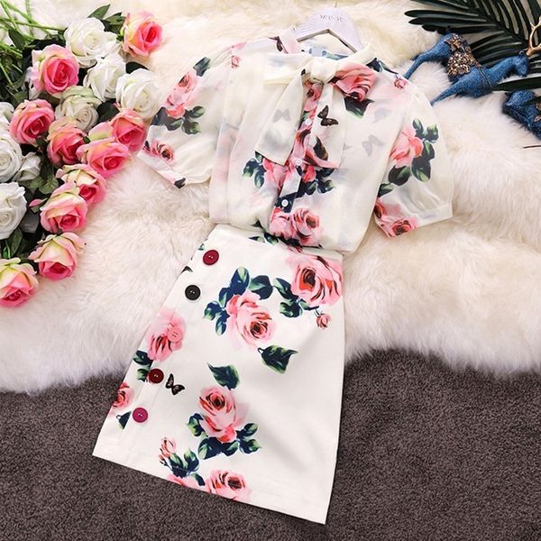

women summer gorgeous pink rose printed two piece set sweet bow collar see through chiffon shirt + colorful button skirt set, White