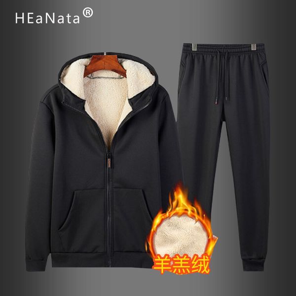 

cashmere winter sportwear track suits men fashion 2pcs thick warm hooded sweatsuit +trouser casual sporting brand clothes male, Gray