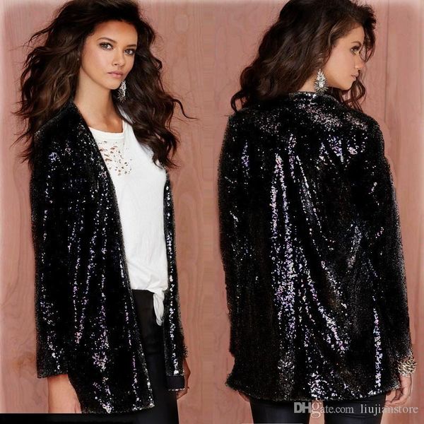 

night club open stitch coats spring fashion designer ladies sequins jackets women pure color coats, Black;brown
