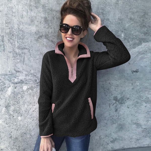 

women winter plush patchwork zipper high neck sweatshirts casual long sleeve fluffy pullover shirt, Black