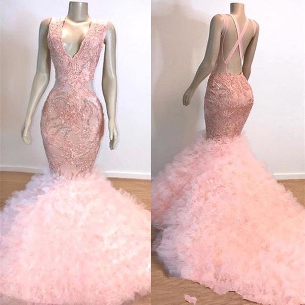 

baby pink mermaid african prom dresses 2020 cascading ruffles train long evening gowns with applique sequins bodice evening gowns bc1619, Black