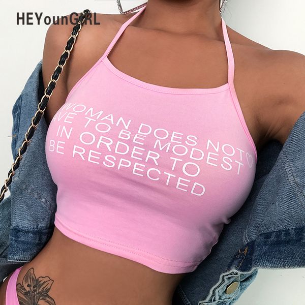 

heyoungirl halter backless crop tees women letter print pink cute camis tank casual streetwear cropsummer 2019, White