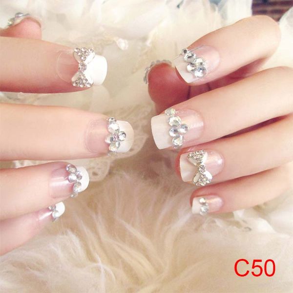 

24 pcs/set 3d fake nails with glue wedding bride full nail tips middle-long cute french false nails wyt77, Red;gold