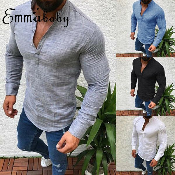 

2019 men's slim v neck long sleeve muscle solid shirt casual shirts blouse men fit buttons shirt drop shipping, White;black