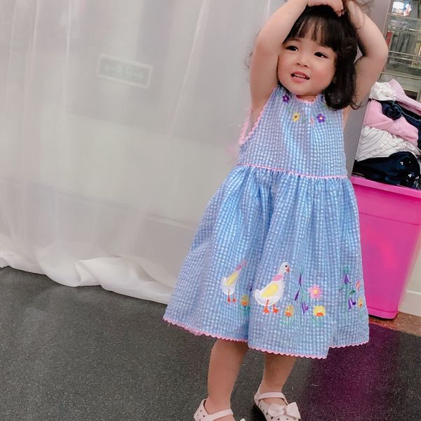 

kids Girl designer clothes Dress for 2T to 7T Summer Girl blue plaid dark Design Dress Princess Girl Clothing Dress