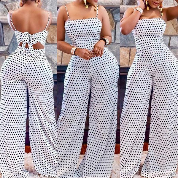 

women new strappy jumpsuits ladies polka dot bowknot rompers overalls female sleeveless long jumpsuit wide leg trousers clubwear, Black;white