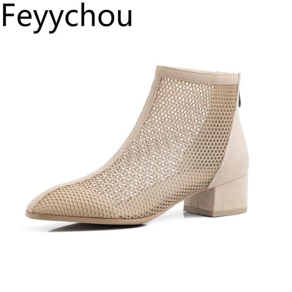 

women's boots sandals round toe spring autumn med heel zipper ankle flock air mesh patchwork 2020 new fashion black beige