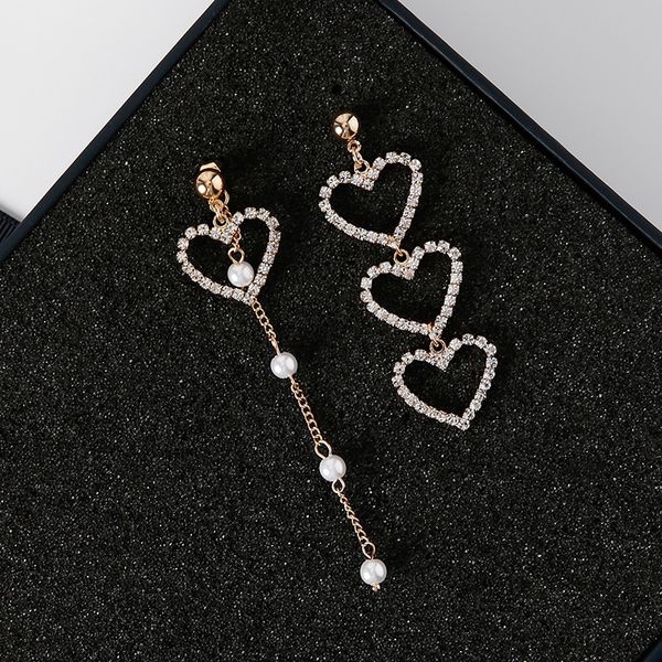 

new korean charm pearl tassel crystal love heart earrings for women fashion asymmetric drop earring luxury jewelry, Golden;silver