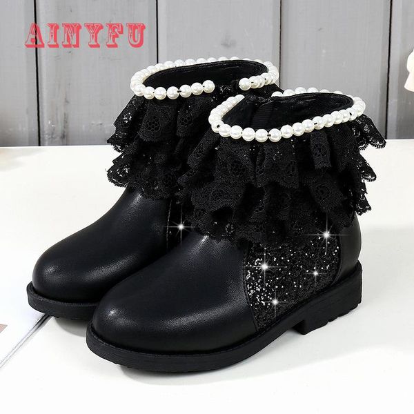 

ainyfu new princess pu leather boots autumn winter girls fashion boots kids beading shoes ankle boot with pink lace b399, Black;grey