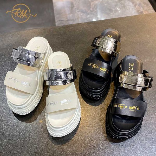 

ry-relaa women shoes genuine leather chunky heels fashion summer new high heels sandals women ins wedges shoes for tide, Black