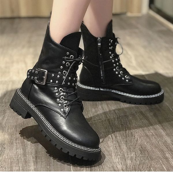 

women motorcycle boots new female fashion woman's square heel mature boots flat vintage buckle casual lady boots#g3, Black