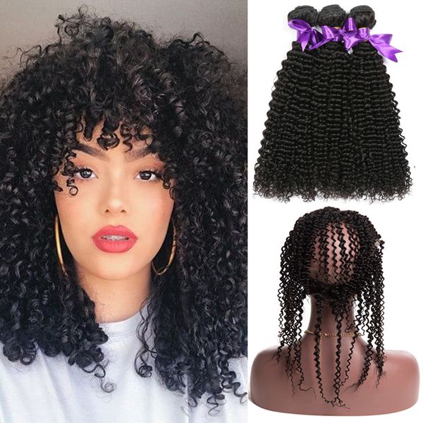 

kinky завитых связки с фронтальной 360 фронтальных пачками перуанского человеческих волос 3 связка с 360 закрытием remy выдвижения волос bey, Black;brown