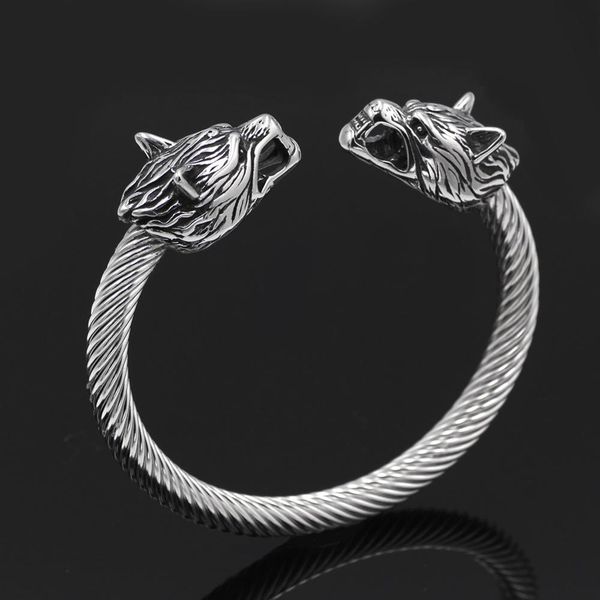 

men's stainless steel wolf head bracelet viking wolf steel ring open bracelet men's accessories jewelry gifts, Black