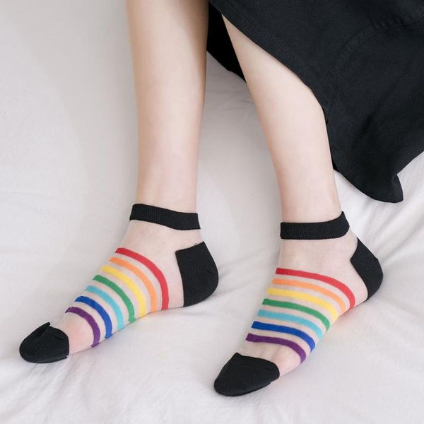

5 pairs/lot rainbow stripe transparent socks women glass summer breathable mesh ankle length thin crystal silk socks elegant, Black;white