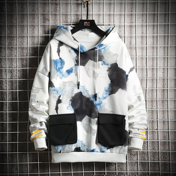 

autumn new hoodies men fashion contrast color casual multi-pocket hooded pullover man streetwear hip hop loose sweatshirt s-3xl, Black