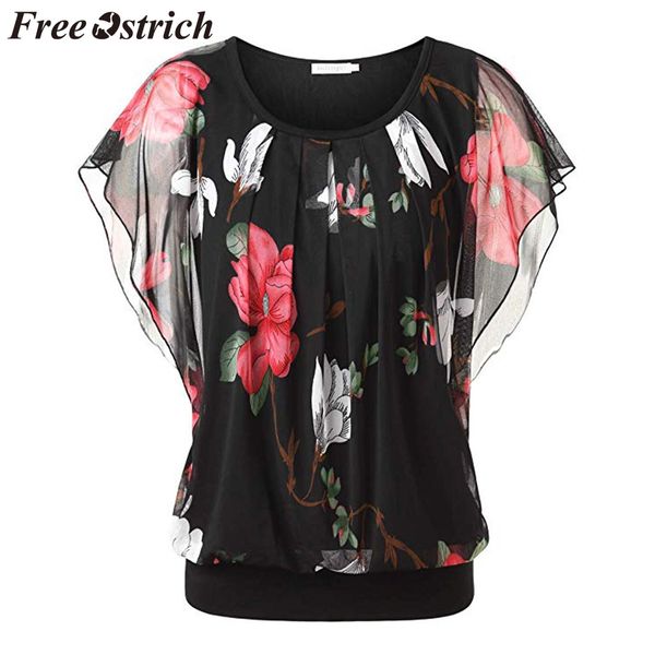 

ostrich women shirts black double layer round neck flare flower sleeve print loose 2019 fashion popular blouse women shirts, White