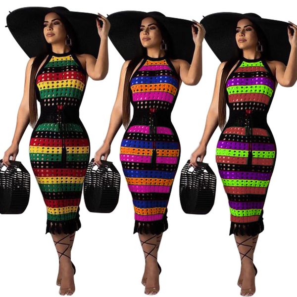 

2019 new african women's outfit embellished hollowed out colorful striped sleeveless fringed dresses with midi dresses and beach, Red