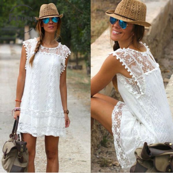 

fashion casual dresses women summer dress lady sleeveless lace o neck casual white a line mini dresses, Black;gray