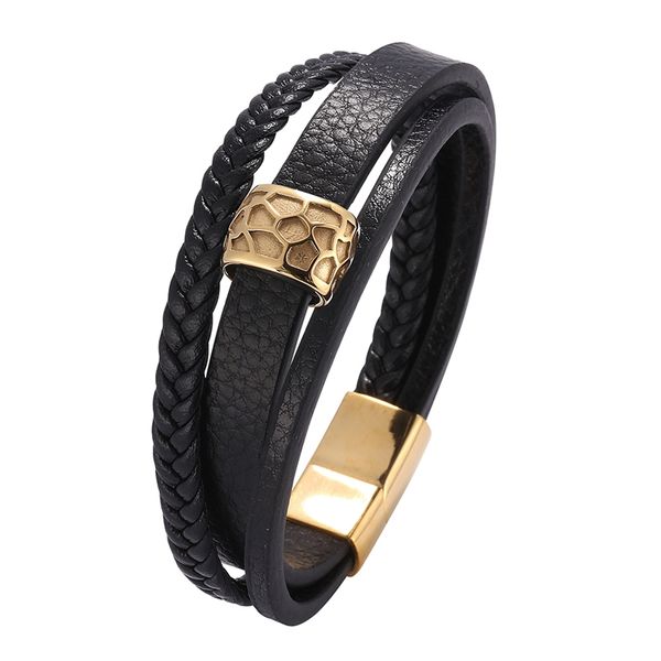 

fashion male jewelry multilayer leather bracelet for men golden stainless steel magnetic buckle charm bracelets bangles sp0673, Golden;silver