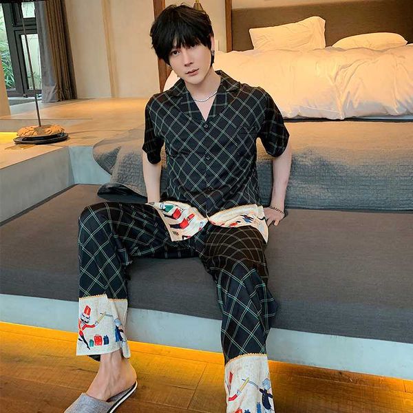 

мужская пижама набор летний досуг эластичный пояс мужчины пижамы шелковые мужские с коротким рукавом пижамы печати топ + длинные брюки домаш, Black;brown