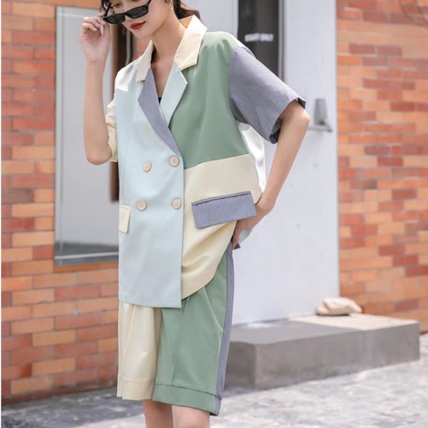 

women 2020 fashion new women blazer summer office lady short sleeve stitching color blazers loose minimalist jacket, White;black