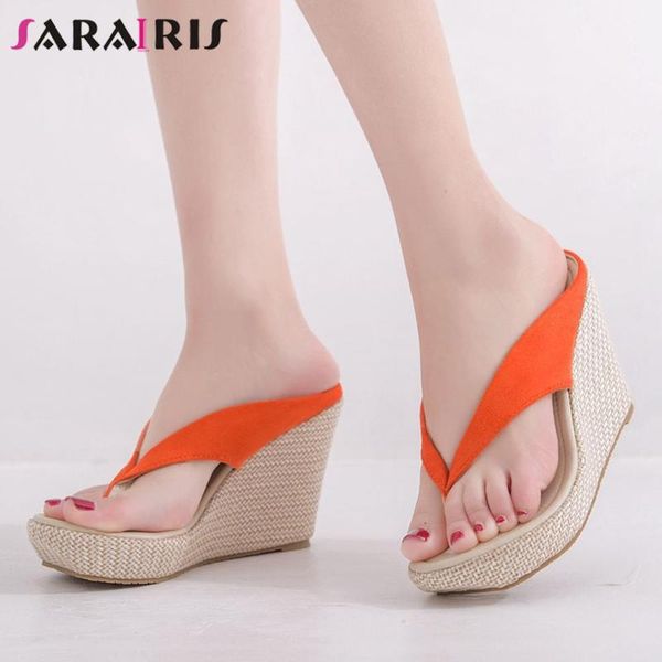 

sarairis consise female casual handmade slippers summer slippers women round toe wedges slip flop solid outdoor shoes woman, Black