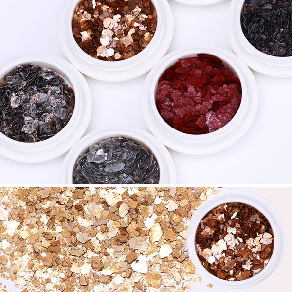 

1 box champagne gold irregular meteorite fragment nail flakies silver red micas sheets nail art 3d decorations sequins, Silver;gold