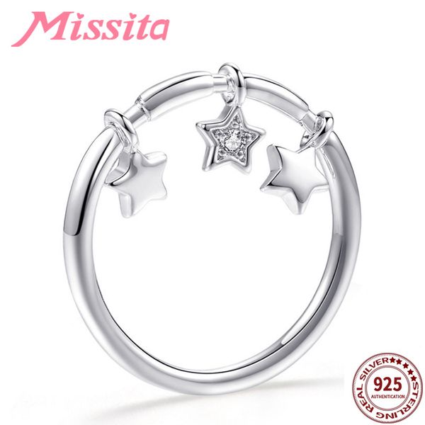 

missita 100% 925 sterling silver star pendant finger rings for women silver jewelry brand crystal ring anniversary gift, Golden;silver