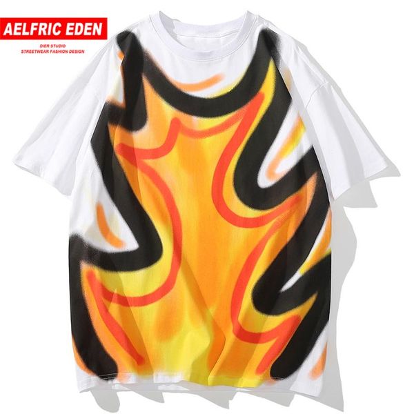 

aelfric eden 2020 spring summer hip-hop punk streetwear men's tshirt harajuku cartoon flame print loose short sleeve t-shirt men, White;black