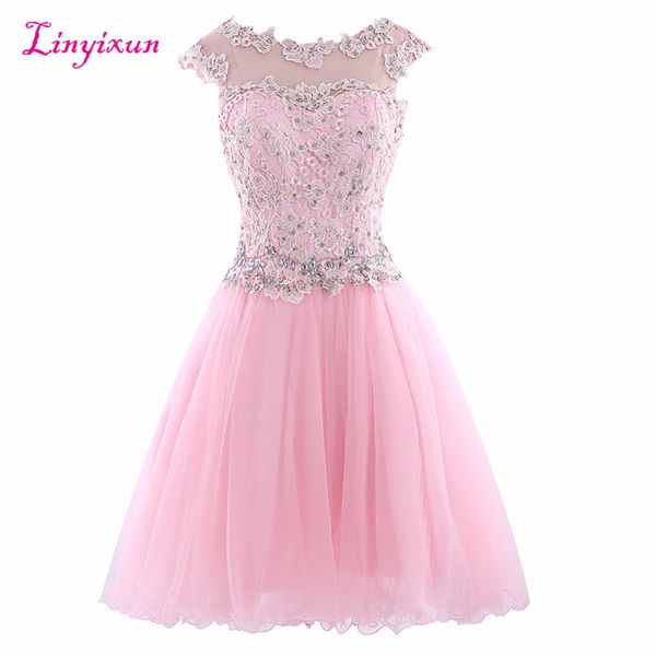 

linyixun настоящее фото изысканные коктейльные платья кружева vestido де феста зубчатый шеи cap рукава шифон короткие homecoming платья, White;black