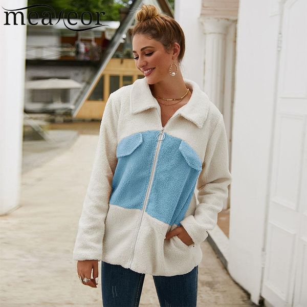 

women patchwork long sleeve turndown collar zipper winter/spring/autumn plush casual coat regular down jacket, Black