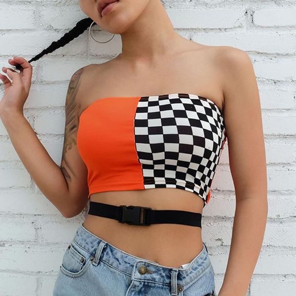 

patchwork checkerboard strapless casual checkered crop women streetwear bandeau boob tube wrap checst, White