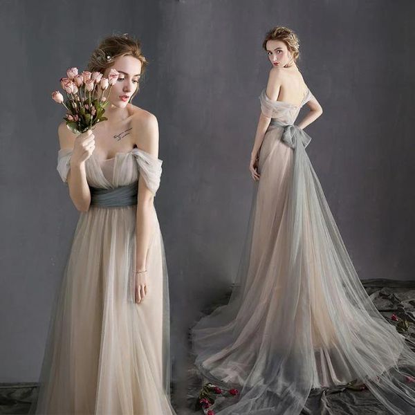 

off-плечу cap sleeve a-line тюль vintage пром платья с скользящим шлейфом шампанского подкладка серый выпускные платья sash лиф мантий выпус, Black