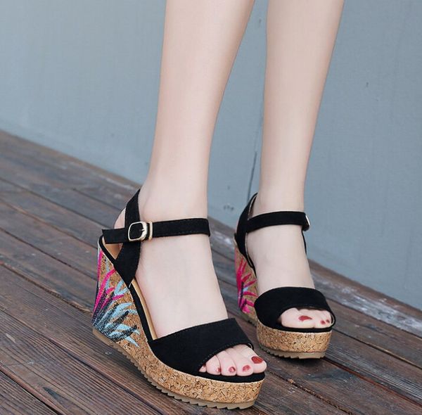 

wedge sandals female summer new europe and america wild thick bottom muffin bottom fish mouth sandals female spot wholesale, Black