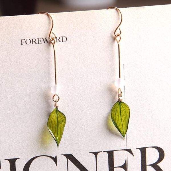 

оригинальный ручной прессованных цветы серьга мода женщина зеленый листки с мягкой эмалью мотаться падение серьги подарок ювелирных изделиям, Silver