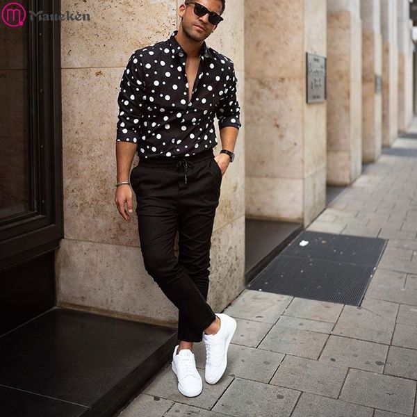 

fashion men's polka dot shirt men camisas hombre chemise homme streetwear cami loose casual long-sleeved slim fit boho holiday, White;black