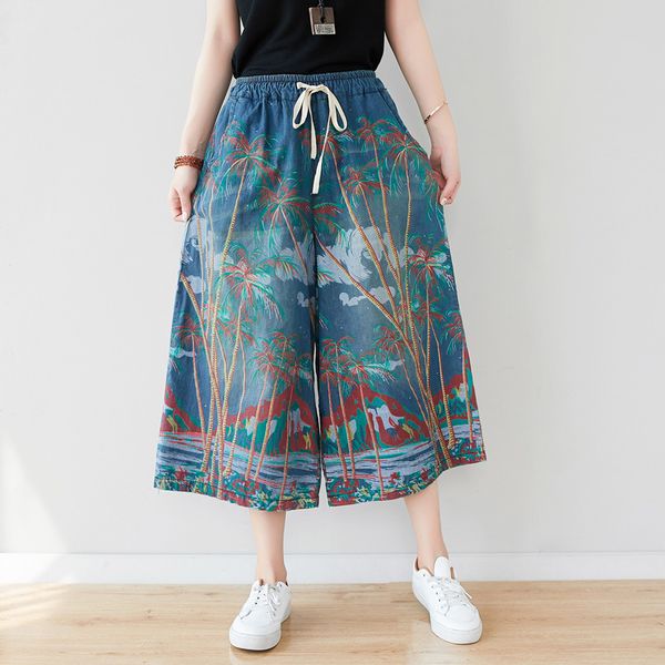 

fairynatural summer new vintage print pockets elastic waist denim wide leg trousers 2020 loose leisure women lace up jeans, Blue