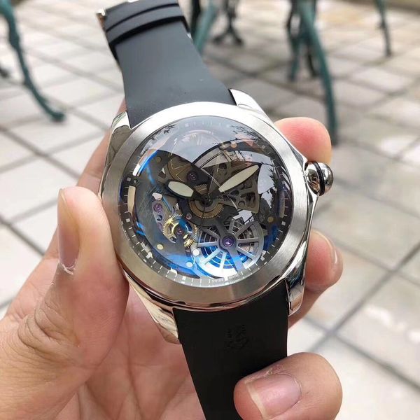 

men's watch sports fashion 46mm transparent movement shiny dial automatic watch, 2019 new leather watchband mechanical watch, Slivery;brown