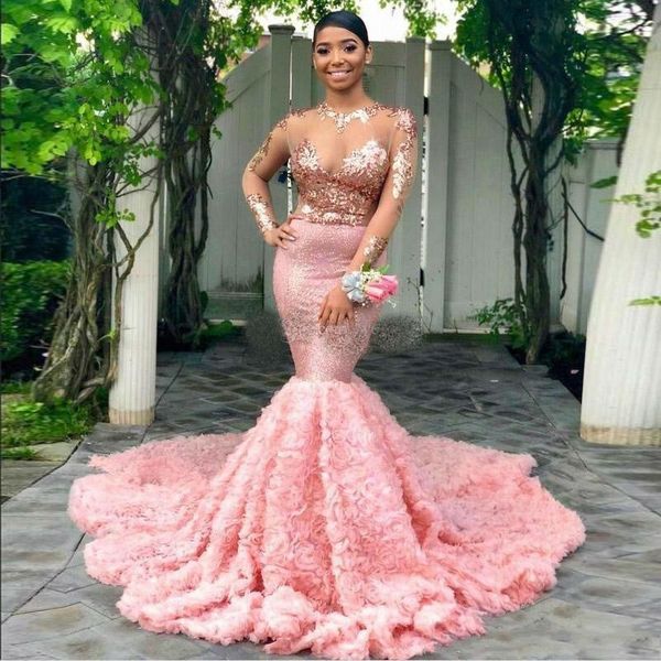 

2K19 Pink Mermaid Prom Dresses Sheer Top With Appliques Evening Gowns Illusion Long Sleeves Tulle Ruched Sweep Train Formal Party Dress