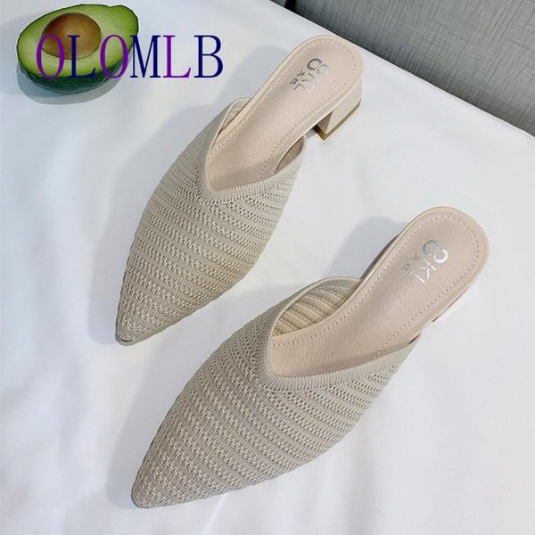 

dress shoes 2021 fashion knitting bowtie women slippers pointed toe block heel lady mules black apricot high heels slides a975