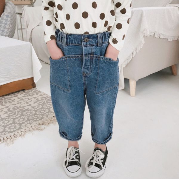 

spring kids denim pants children high waist loose trousers korean toddler casual radish pants baby jeans pants for 2-7y, Blue